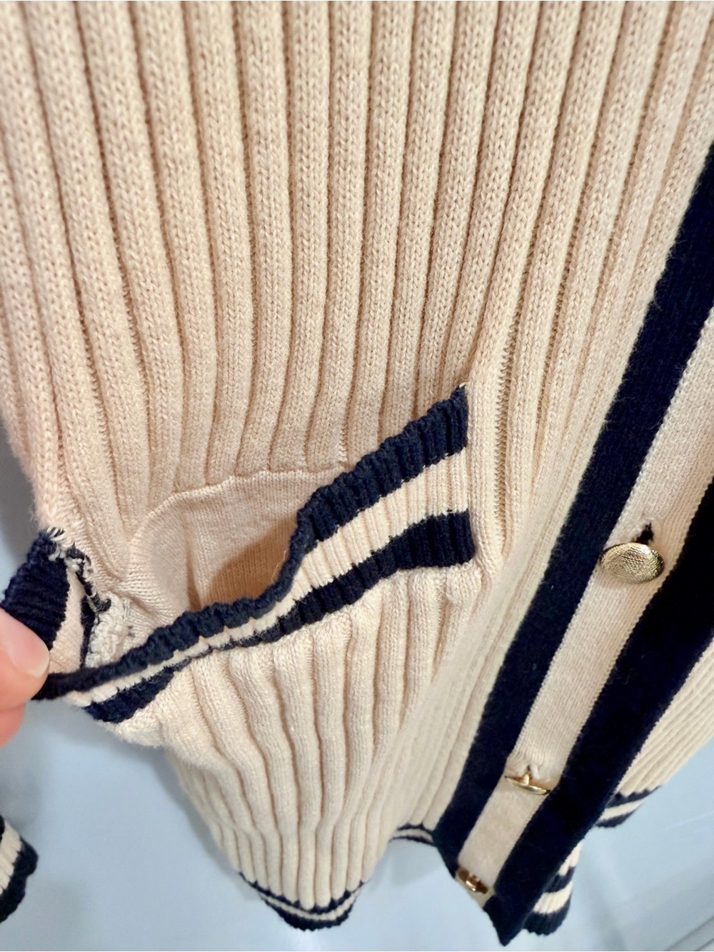 Cabi Varsity Cardigan 5458 Navy Striped Ribbed Cotton Sweater Gold Button XS - Picture 5 of 12